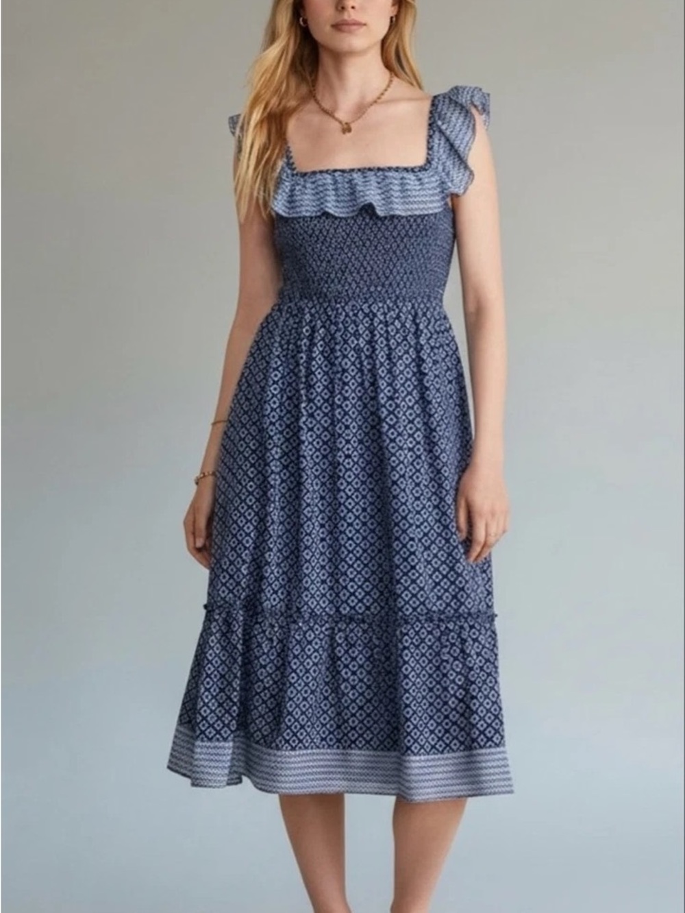 Vineyard Vines Navy Patterned Smocked Midi Dress